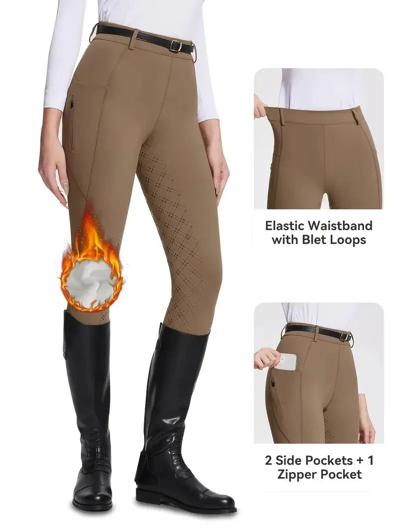 RTS Winter Fleece Lined Women's Equestrian Breeches Full Grip Silicone Custom Logo Female Breathable Leggings Racing Jodhpurs